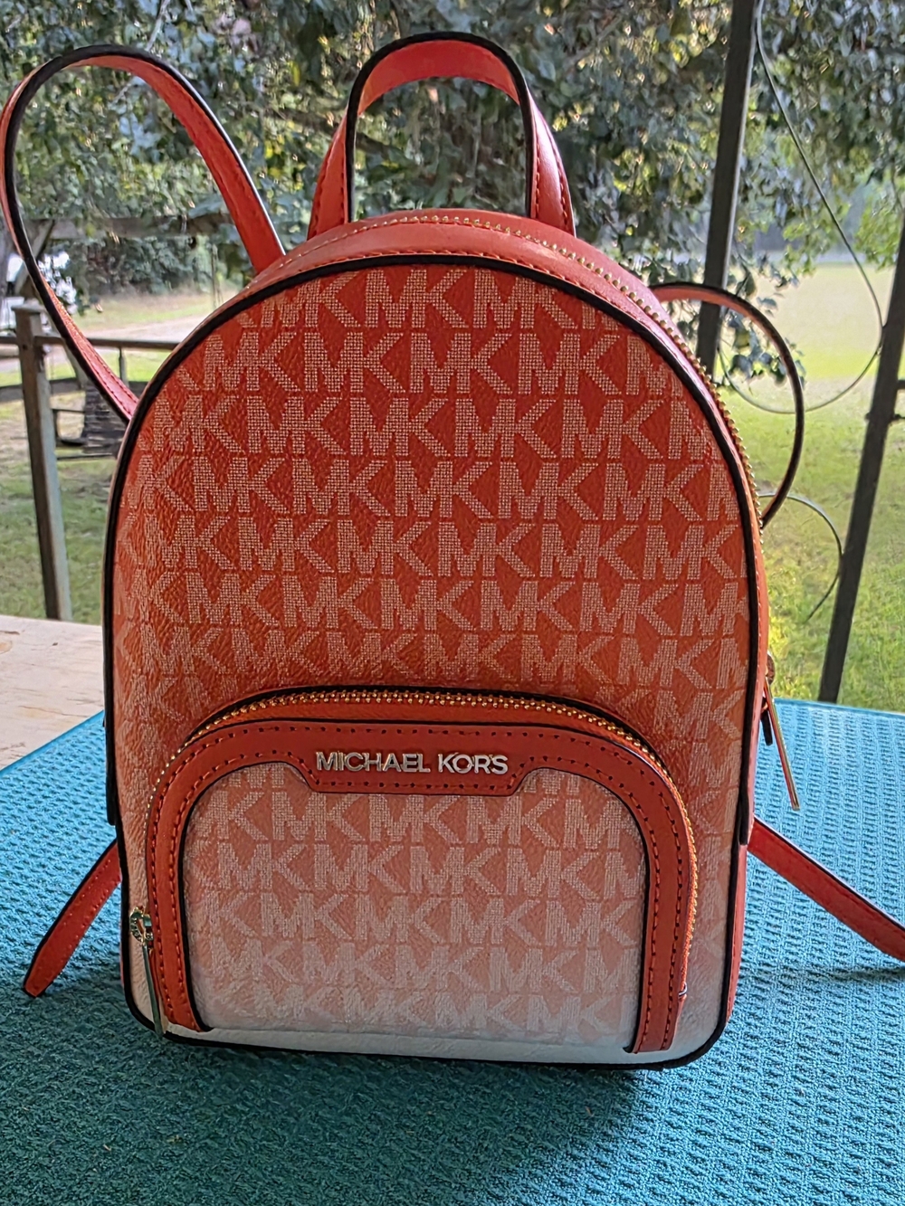 Michael Kors Orange/White MK Signature Mini Backpack